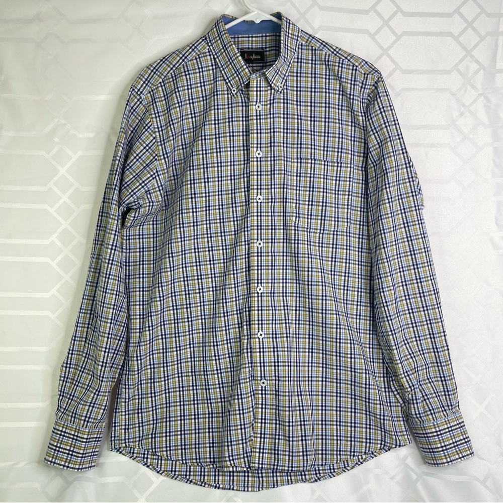 Neiman Marcus Blue and Yellow Casual Button Down Shirt Men’s Size M 100% Cotton